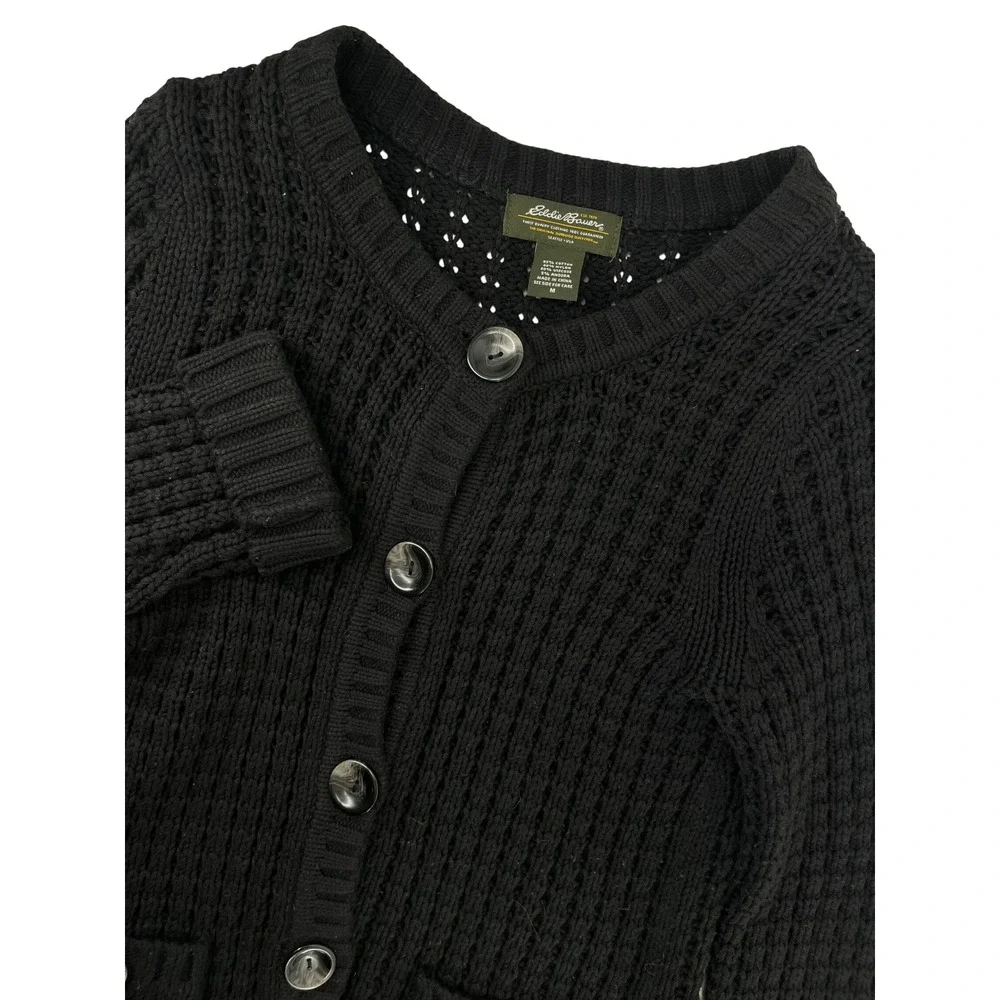 Eddie Bauer Black Cotton Angora Blend Chunky Pointelle‎ Knit Cardigan Sweater M